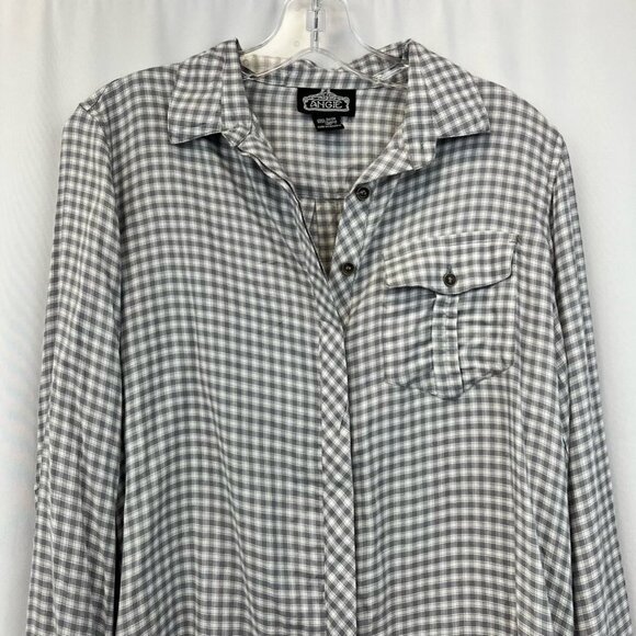 Angie Womens Button Up Shirt Gray Plaid Long Sleeve Cuff Collar Pocket Rayon M - Picture 2 of 11